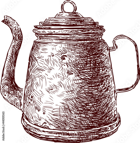 Freehnad drawing of old copper tea pot