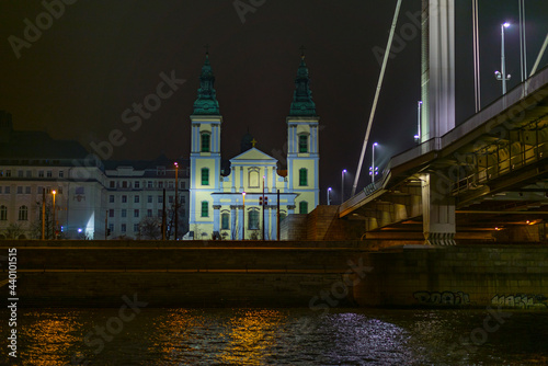 Inner City Parish Church in Pest viewed from a boat on the Danube river near the Elisabeth Bridge