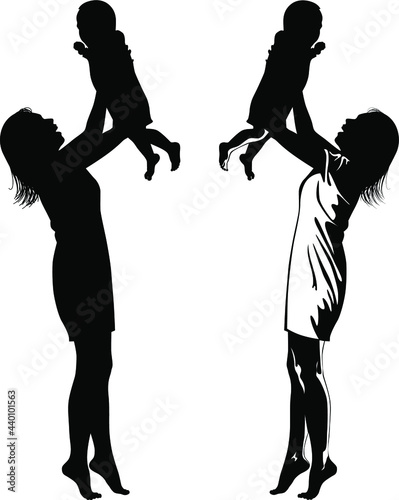 Black and white image of a woman raising her baby above her head vector illustration