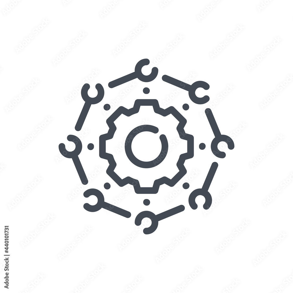 Workflow process and automated system line icon. Gear with connection to circles vector outline sign. Workflow process and automated system line icon. Gear with connection to circles vector outline sign.