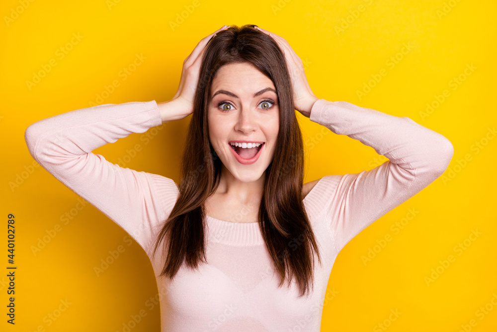 Fototapeta premium Photo of impressed brunette lady hands head wear pink shirt isolated on yellow color background