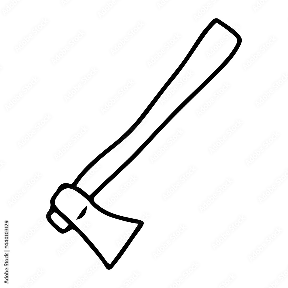 Ax for camping and hiking. Local tourism illustration. Drawn in doodle style by outline. Vector. Ax for camping and hiking. Local tourism illustration. Drawn in doodle style by outline. Vector.