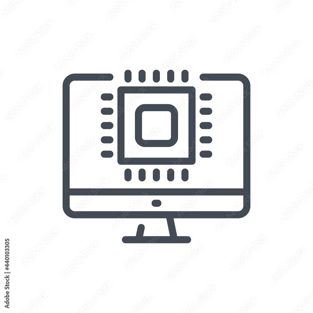 Digital microchip line icon. Computer with chip vector outline sign. Digital microchip line icon. Computer with chip vector outline sign.