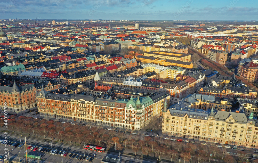 Aerial view of Stockholm old town. Flying over the bay. Amazing drone photo Aerial view of Stockholm old town. Flying over the bay. Amazing drone photo