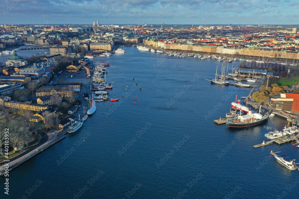 defaAerial view of Stockholm old town. Flying over the bay. Amazing drone photo of Stockholm yacht canal  ult