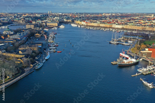 defaAerial view of Stockholm old town. Flying over the bay. Amazing drone photo of Stockholm yacht canal ult
