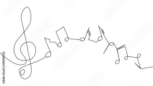 A treble clef and notes are drawn by a single black line on a white background. Continuous line drawing. illustration.