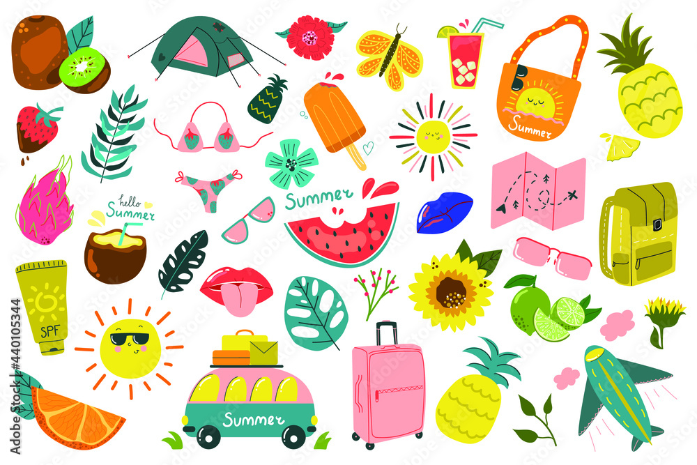 Big summer set of sun bag fruits bus bag etc., modern flat illustration.