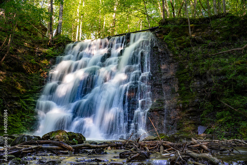 Silverfallet Staircase Waterfall Nature reserve in Lush serene forest and rural mill environment near town Skovde  Sweden