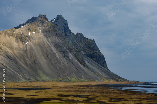 The Vestrahorn mountain on the Icelandic coast jut directly out of the ocean
