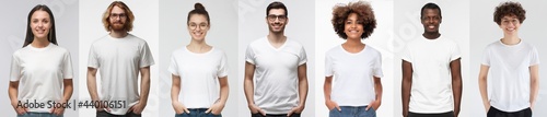 White t-shirt people. Collage of many men and women wearing blank tshirt with copy space for your text or logo