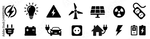 Electricity icon set. Collection of green energy icons. Icons for renewable energy, green technology. Flat style icon. Environmental sustainability simple symbol - stock vector. photo