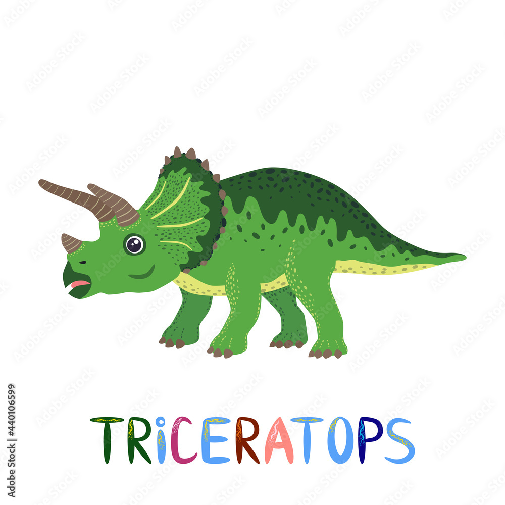 Fototapeta premium Triceratops green, prehistoric dinosaurs collection. Ancient animals. Hand drawn. In a frame of flowers and leaves
