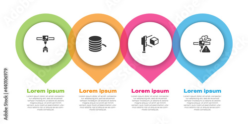 Set 3D printer house, Filament for, scanner with cube and warning. Business infographic template. Vector