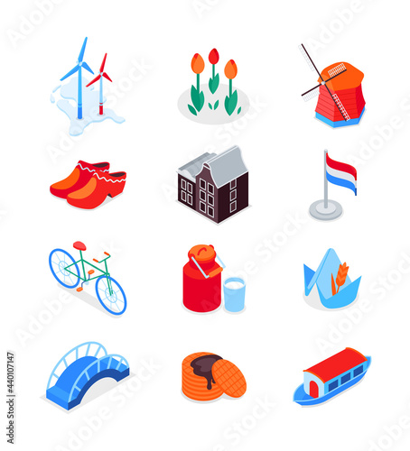 Dutch symbols - modern colorful isometric icons set