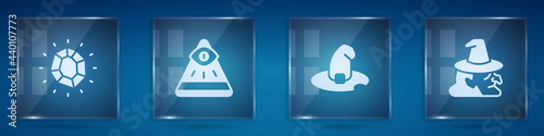 Set Magic stone, Masons, Witch hat and . Square glass panels. Vector