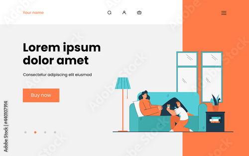 Son offering drink in disposable cup to mother. Caring child giving mom tea or coffee in plastic cup. Woman lying on sofa. Family care concept for banner, website or landing page