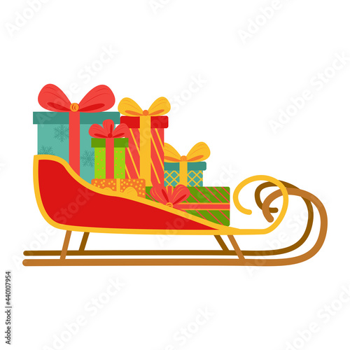 Christmas sleigh with presents. Red Santa's sledge with New Year tree ornament, full of gift boxes cartoon style