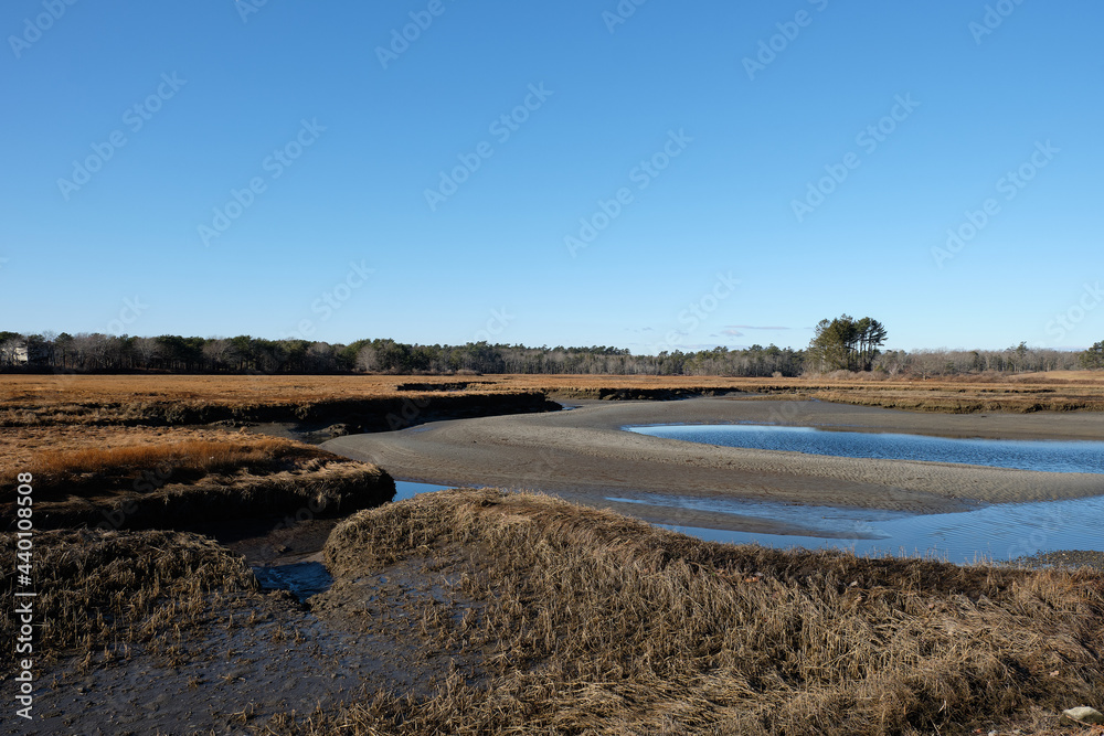 Low tide on a Parson's beach marsh in the New England State of Maine in the winter