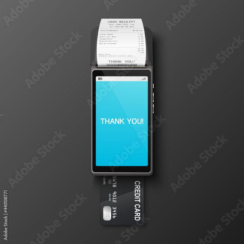 Vector 3d Realistic Payment Machine, Receipt, Plastic Credit Card. POS Terminal, Paper Receipt, Payment Card. Design Template, Bank Payment Terminal, Mockup. Processing NFC Payments Device. Top View