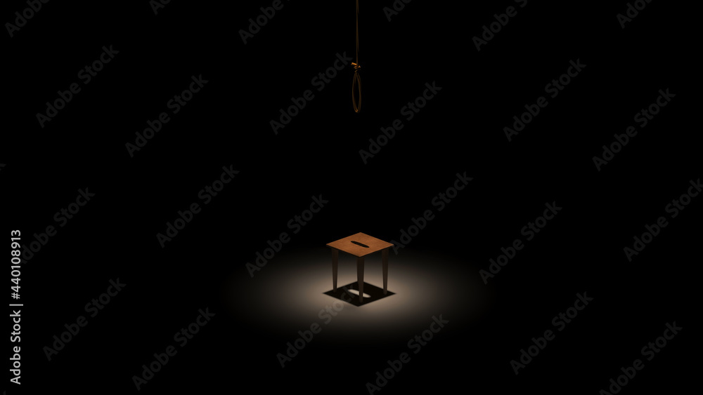 Rope noose, gallows on a stool in the center of the circle of light. 3d render. Rope noose, gallows on a stool in the center of the circle of light. 3d render.