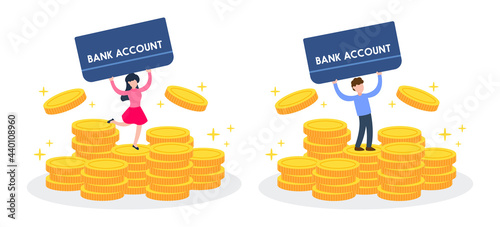 Man and woman hold bank passbook and stands on stack of golden money coins. Creative financial concept of interest from savings. Trendy cute cartoon vector illustration. Flat style graphic design.
