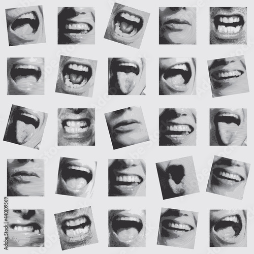 Seamless pattern with a collage of black and white square fragments that depict human mouths expressing various emotions. Monochrome vector background in retro style. Wallpaper, wrapping paper, fabric