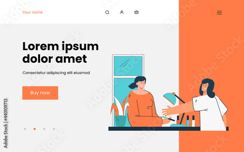 Woman doing manicure vector illustration. Young female character doing manicure in salon. Manicured nails. Woman hands. Beauty concept for banner, website design or landing web page