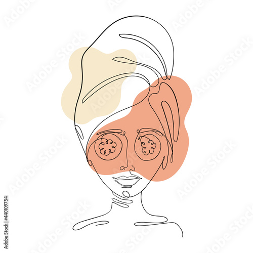 Vector illustration concept of home facial care, cosmetic procedures. Linear drawing of female face boho style, spots in beige tones