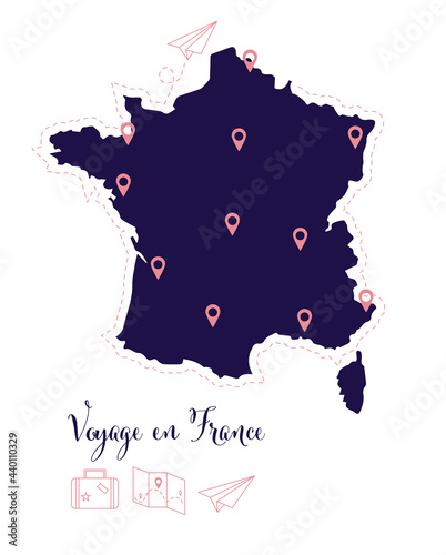 Carte  vectorielle France. Voyage en France, destination dans les plus grandes villes. Carte avec icônes, pictogrammes de voyage.