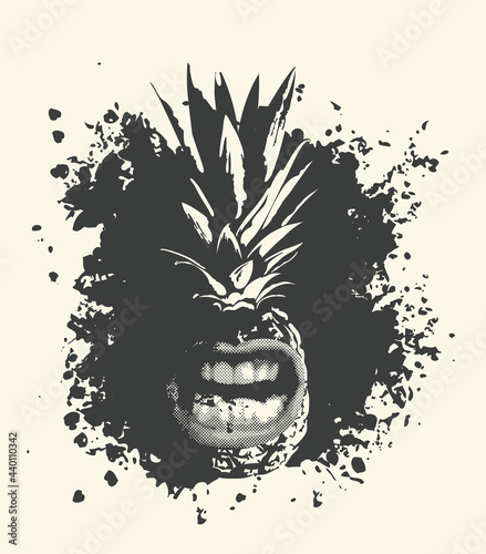 Black-white illustration of an enraged pineapple character with a bared mouth. Monochrome vector banner with an explosive emotional tropical fruit on a light background with abstract blots and spots