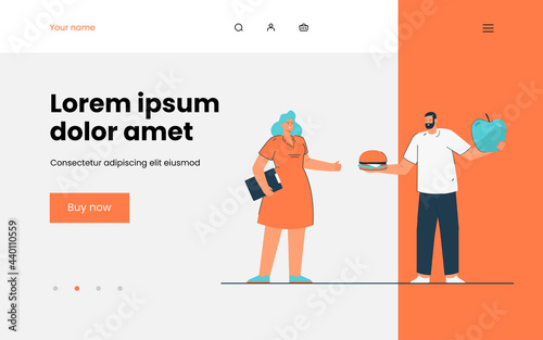 Man choosing between junk and healthy food. Flat vector illustration. Cartoon man holding giant apple and burger while standing next to doctor. Food, diet, health, medicine concept for banner design