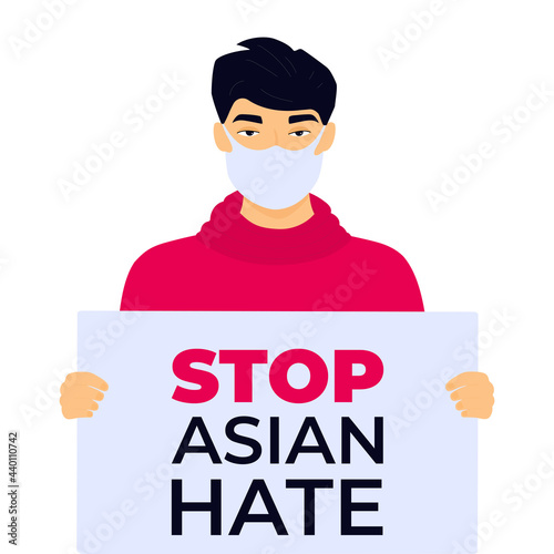 Stop Asian Hate poster. Racism crime. Chinese man holds banner photo