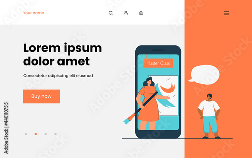 Child learning drawing online. Flat vector illustration. Cartoon dark skinned boy watching art master class with teacher on giant smartphone. Art, drawing, e-learning concept for banner design