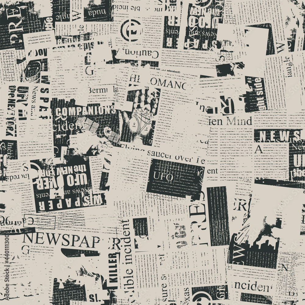 Abstract seamless pattern with chaotic layering of unreadable newspaper text, illustrations and titles on an old paper backdrop. Monochrome vector background, Wallpaper, wrapping paper, fabric design