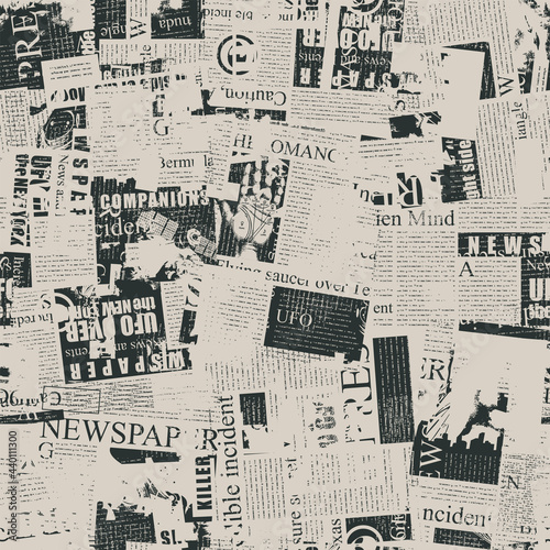 Abstract seamless pattern with chaotic layering of unreadable newspaper text, illustrations and titles on an old paper backdrop. Monochrome vector background, Wallpaper, wrapping paper, fabric design photo