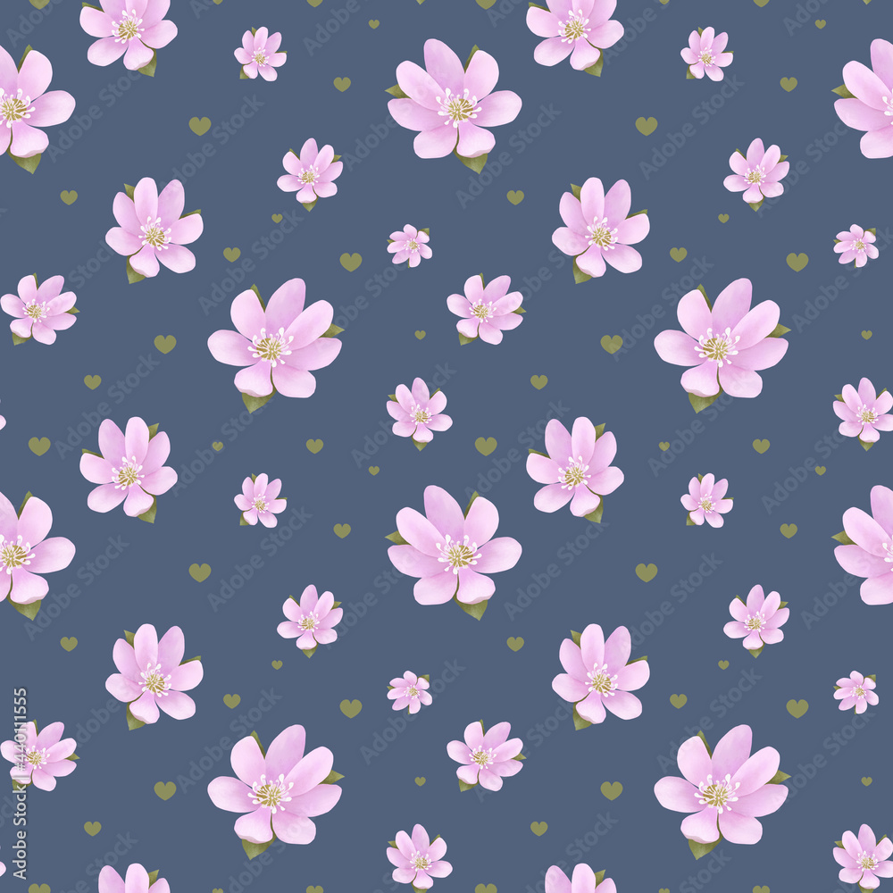 Pattern with summer bright pink flowers. Hand drawn illustration of beautiful flowers on blue background