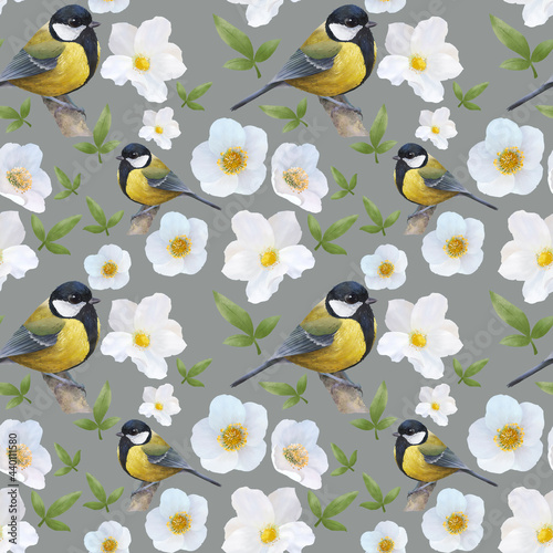Pattern with spring delicate flowers and birds (japanese anemone, great tit). Hand drawn illustration of beautiful flowers on a white background © TaninoPic