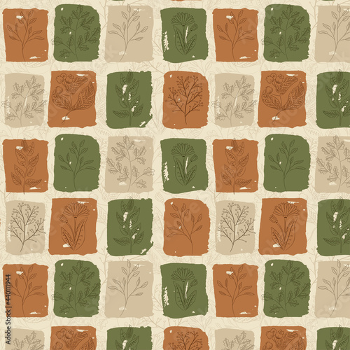 Watercolor Plaid Pattern with Flowers and Botanical elements