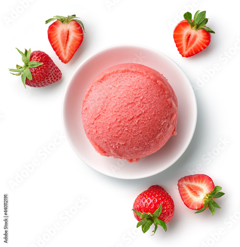 Bowl of strawberry ice cream scoop photo