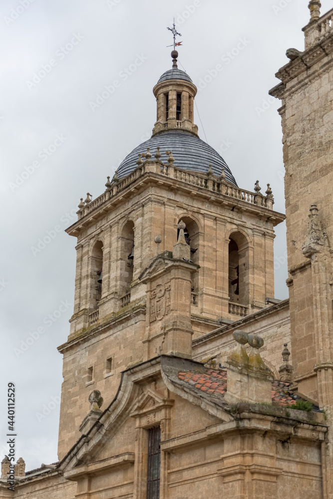 Detailed view at the iconic spanish Romanesque architecture tower building at the Cuidad Rodrigo cathedral