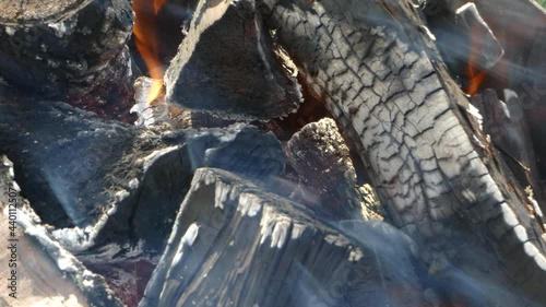 Burning firewood close-up. Burning with orange and yellow flames.