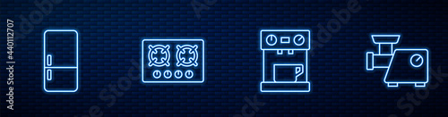 Set line Coffee machine, Refrigerator, Gas stove and Kitchen meat grinder. Glowing neon icon on brick wall. Vector