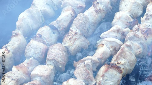 Frying pork on a skewer over a brazier. Appetizing shish kebab. Delicious barbecue.