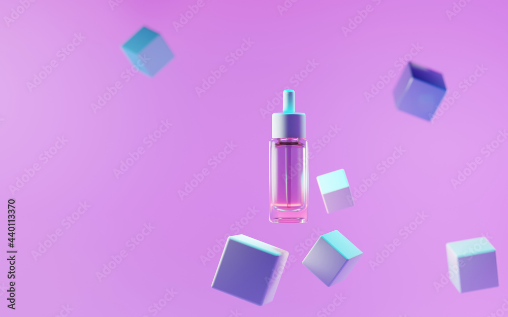 Cosmetic dropper glass bottle on podium with flying cubes on pink background mock up banner. Essential oil or serum with pipette on geometric square stage, product ad in neon light, 3d illustration Cosmetic dropper glass bottle on podium with flying cubes on pink background mock up banner. Essential oil or serum with pipette on geometric square stage, product ad in neon light, 3d illustration