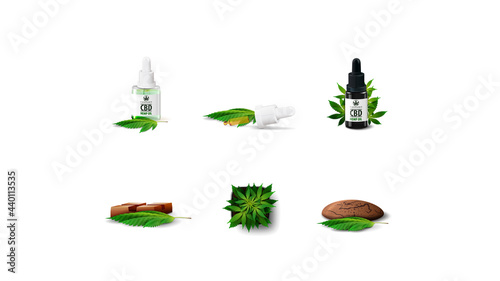 Set of volumetric cannabis industry icons isolated on white background. Cannabis in a pot, CBD oil and CBD chocolate
