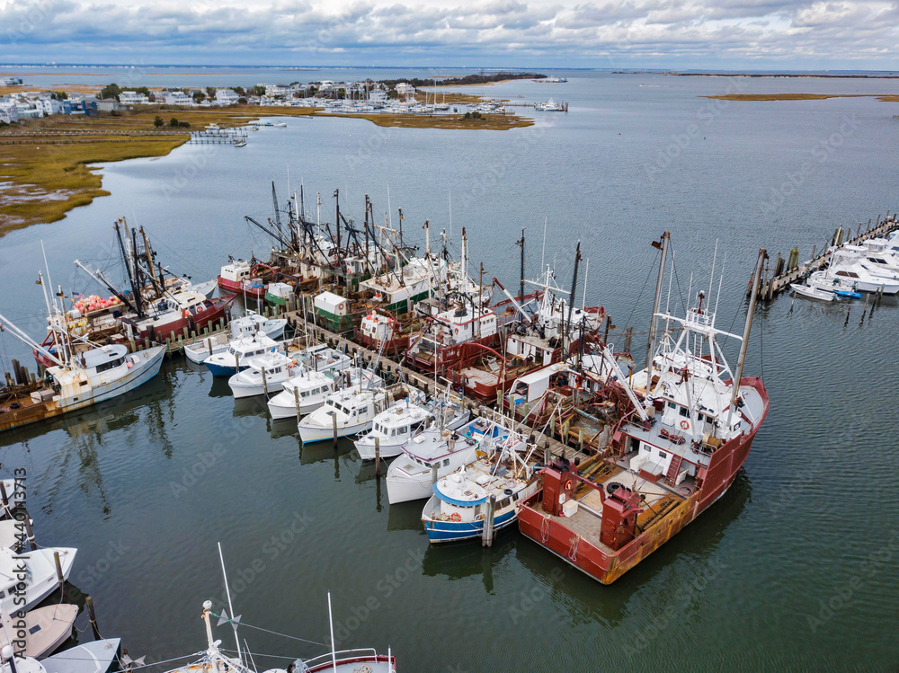 Cape May deep sea commercial fishing fleet photographed from an aerial  drone Stock Photo