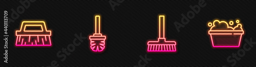 Set line Handle broom, Brush for cleaning, Toilet brush and Basin with soap suds. Glowing neon icon. Vector