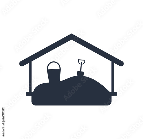 Sandbox with sand, bucket and shovel for kids on playground. Citypark concept. Vector icon illustration.