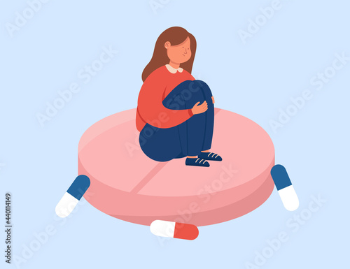 Drug addicted girl sitting on huge pill flat vector illustration. Woman having depression, taking hormonal pills. Depression, antidepressants concept